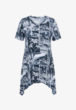 Kurzärmelige Tunika mit asymmetrischem Saum, durchgehend mit schwarz-weißem tropischem und dörflichem Landschaftsprint.