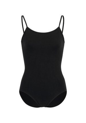 Schwarzer einteiliger Badeanzug aus glattem Stoff. Er hat dünne Träger und einen gerundeten Ausschnitt, mit einem einfachen und klassischen Design.