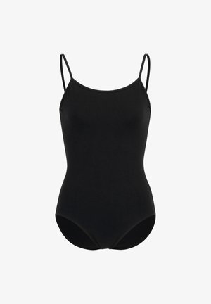 Schwarzer einteiliger Badeanzug aus glattem Stoff. Er hat dünne Träger und einen gerundeten Ausschnitt, mit einem einfachen und klassischen Design.