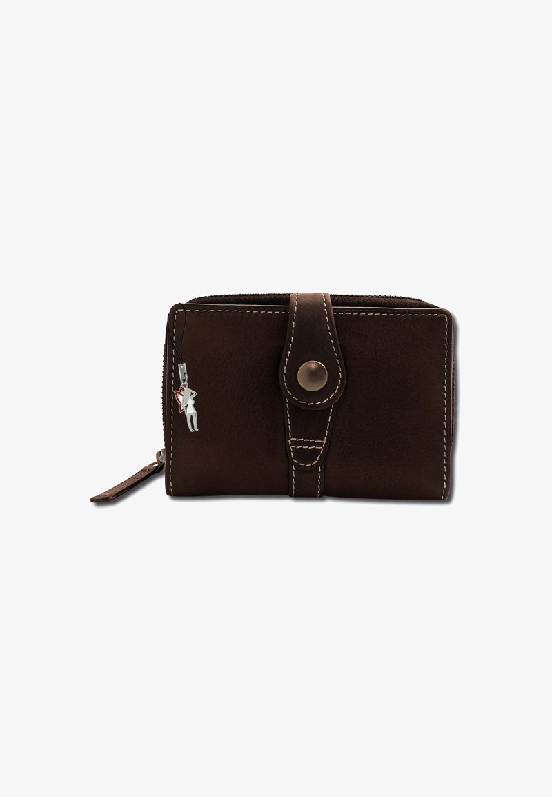 Portefeuille en cuir marron avec une finition texturée, doté d'une fermeture à bouton-pression à l'avant, de coutures contrastantes et d'un petit charme attaché.