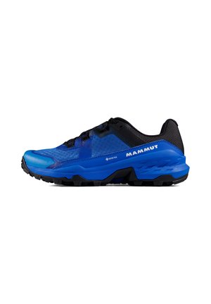 Blauwe wandelschoen met een gestructureerde synthetische bovenkant en zwarte accenten. Beschikt over een robuuste zool en een zichtbaar GORE-TEX-logo voor waterdichtheid.