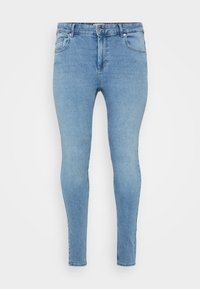 Light blue skinny jeans made of denim, featuring a button and zipper closure, five pockets, and subtle textural variations.