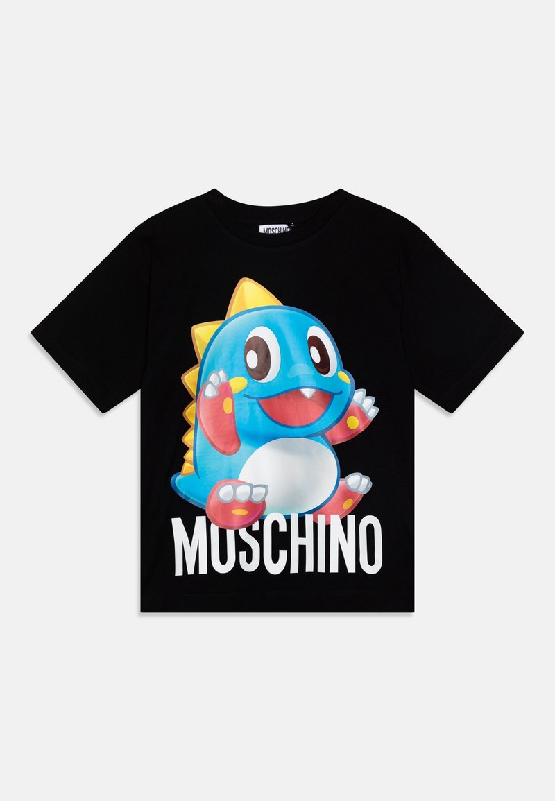 Czarny t-shirt z dużym, kolorowym, kreskówkowym dinozaurem oraz białym napisem "MOSCHINO" poniżej postaci na przodzie.