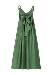 Grünes, ärmelloses Kleid aus texturiertem Stoff, mit einer Schleife in der Taille und geknoteten Trägern. A-Linie Form, Midi-Länge.