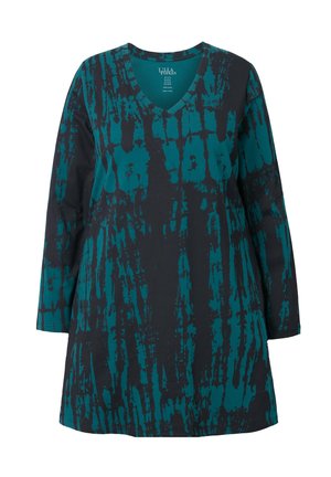 Zwart V-hals jurk met een abstract patroon in turquoise, lange mouwen en een relaxte pasvorm. Gemaakt van katoen, met een zachte textuur.
