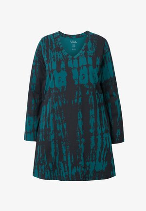 Sort V-halskjole med teal abstrakt mønster, lange ærmer og en afslappet pasform. Lavet af bomuld, med en blød tekstur.