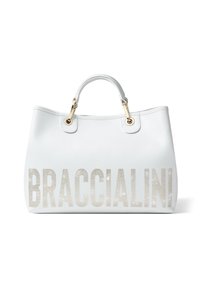 Borsa tote bianca realizzata in materiale sintetico, con il nome "BRACCIALINI" in strass argentati, dotata di hardware color oro e doppi manici.