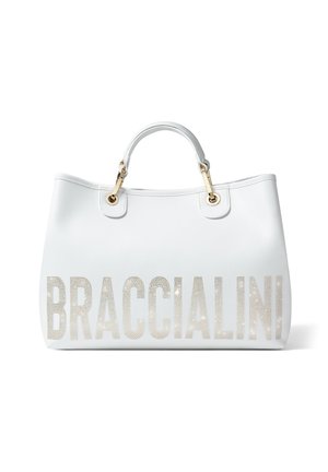 Borsa tote bianca realizzata in materiale sintetico, con il nome "BRACCIALINI" in strass argentati, dotata di hardware color oro e doppi manici.