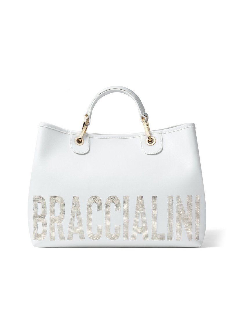 Borsa tote bianca realizzata in materiale sintetico, con il nome "BRACCIALINI" in strass argentati, dotata di hardware color oro e doppi manici.