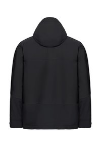 Black weather-resistant jacket with a hood, featuring a smooth texture, straight hem, and long sleeves, designed for outdoor wear.