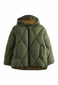 Fodrad grön jacka med huva, diamantkviltning, framzip och sidofickor; inuti har den en kontrasterande beige foder.