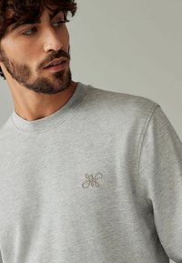 Harmaa collegepaita, jossa on pyöreä kaula-aukko ja rintamuksessa huomaamaton ruskea brodeerattu logo. Silkkinen pinta ja rento istuvuus.