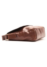 Borsa in pelle marrone di forma rettangolare, con una superficie liscia e un attacco per tracolla laterale con dettagli in oro.