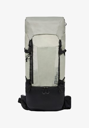 Zaino con una parte superiore grigio chiaro e base nera, dotato di chiusura a rotolo, spallacci regolabili e numerosi zip per la storage.