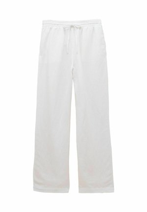 White loose-fit pants with elastic waistband and drawstring, straight legs, suitable for casual or lounge wear.