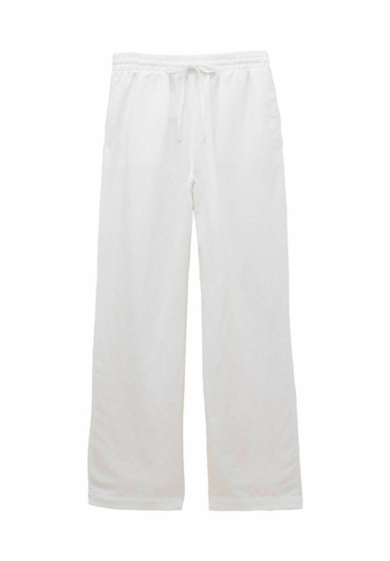 Białe luźne spodnie z elastycznym pasem i sznurkiem, proste nogawki, odpowiednie do noszenia na co dzień lub do relaksu.