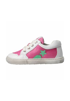 White and pink leather low-top sneaker with green star and arrow designs, white laces, and rubber sole.