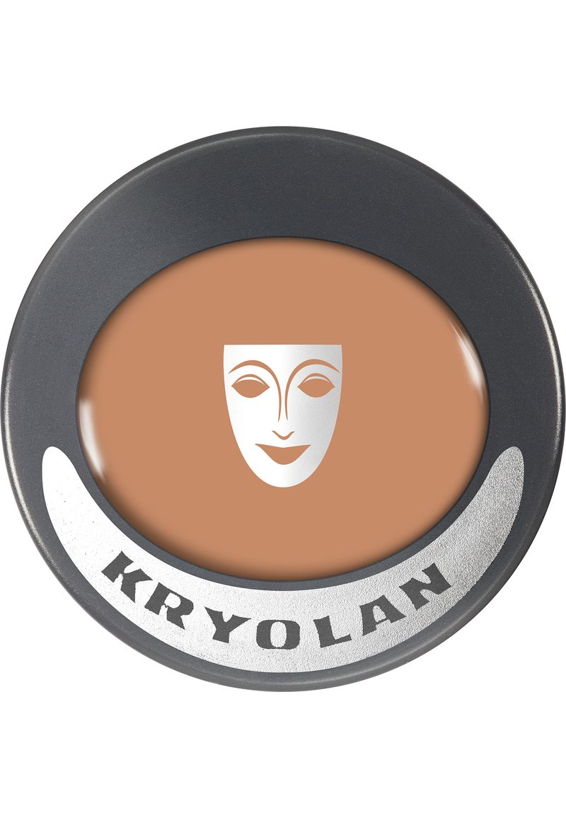 KRYOLAN Creme-Grundierung in einer runden, schwarzen Dose. Verfügt über einen bronzefarbenen Farbton mit einem silbernen Gesichtsikone. Glatte Textur und langlebiges Design.