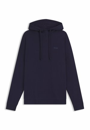 Sweatshirt à capuche bleu marine en tissu texturé. Présente une coupe droite, des poignets côtelés et un petit logo sur la poitrine.