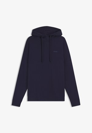 Marineblauwe hoodie gemaakt van textuurstof. Bevat een rechte snit, ribgebreide manchetten en een klein logo op de borst.