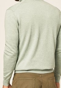 Jasnozielony pulower z okrągłym dekoltem, ściągaczami przy mankietach i u dołu, miękka faktura, lekko dopasowany krój, widoczny od tyłu. Noszony z brązowymi spodniami.