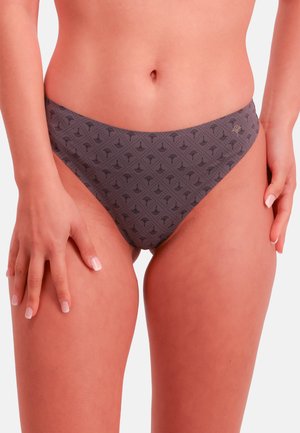 Tmavě šedé spodní díl bikin s jemným vzorem vějíře, vyrobený z hladké látky s nízkým pasem a standardním krytím.