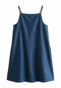 Robe sans manches en denim bleu foncé avec fines bretelles réglables ornées de petits détails en perles de bois.