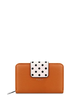 Orange wallet with a white polka-dotted flap, silver hardware, and embossed "VUCH" logo. Smooth texture, rectangular shape.