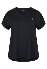 T-shirt nera a V in morbido tessuto. Presenta maniche corte e un orlo arrotondato. Dettaglio del logo discreto sul lato sinistro superiore.