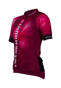Maillot de cyclisme à manches courtes en rose foncé avec un motif géométrique, doté d'une fermeture éclair à l'avant et d'accents noirs sur les manches et les côtés.