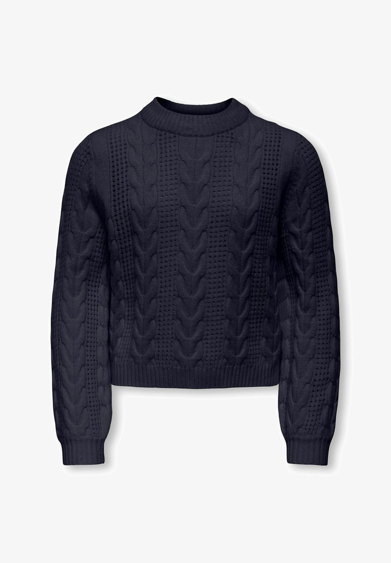 Pull en maille torsadée bleu marine foncé avec manches longues, col rond, poignets et ourlet côtelés, présentant des motifs verticaux texturés.