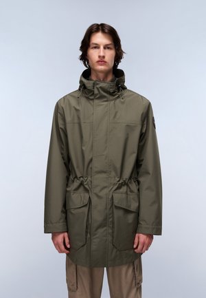 Olivgrüner wasserdichter Parka mit verstellbarem Kapuzen, Kordelzug in der Taille und zwei Vordertaschen. Glatte Textur mit minimalistischer Design.