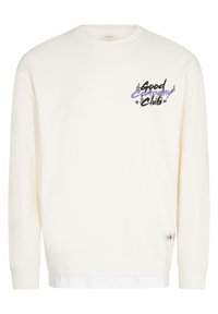 Off-white crewneck sweatshirt with "Good Company Club" text in black and purple on the upper left chest, ribbed cuffs and hem.