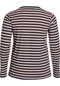 T-shirt à manches longues en texture côtelée avec des rayures horizontales bleu marine et beige alternées, doté d'un col rond et d'un ourlet droit.