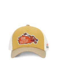 Casquette jaune avec une visière beige ; présente un graphisme de loup avec le texte "VON DUTCH" en orange et sur les côtés en maille blanche. Matériel comprend une sangle réglable.