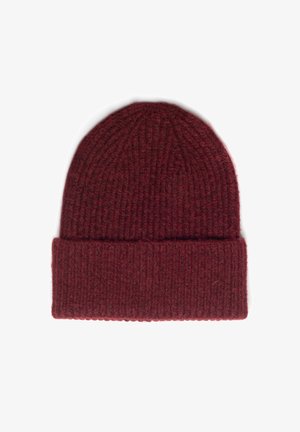 Bordowy dzianinowy beanie wykonany z miękkiej wełny. Posiada prążkowaną teksturę oraz podwinięty brzeg u podstawy dla dodatkowego ciepła i stylu.