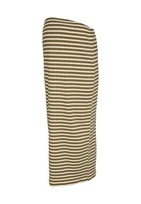 Ριγέ φόρεμα σε ελιά και κρεμ, εφαρμοστό σχέδιο, ριμπ υφή, μήκος μέχρι το γόνατο, ασύμμετρο ντεκολτέ και λεπτομέρειες στο πλευρικό ράφτη.