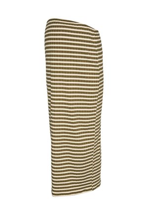 Obleka z zelenimi in kremnimi črtami, prilegajočega kroja, rebraste teksture, do kolen, z asimetričnim izrezom in detajli ob stranskih šivih.