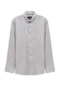 Langärmliges weißes Hemd mit Knopfverschluss, ausgestattet mit einem kleinen schwarz-blauen geometrischen Muster, einem Button-Down-Kragen und vorderen Knöpfen, flach auf weißem Hintergrund ausgelegt.