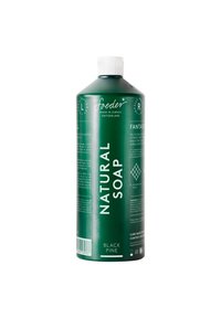 Grüne zylindrische Flasche mit natürlicher Seife, versehen mit weißem Text und einem schwarzen Kiefern-Etikett, mit Schraubverschluss und minimalistischem Design.