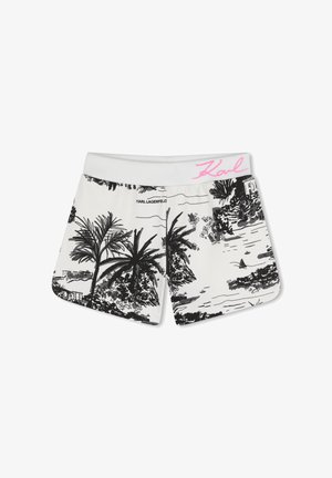 Pantaloncini bianchi con stampa tropicale nera, palme, costa e testo "Karl Lagerfeld", caratterizzati da una cintura bianca con firma rosa "Karl".