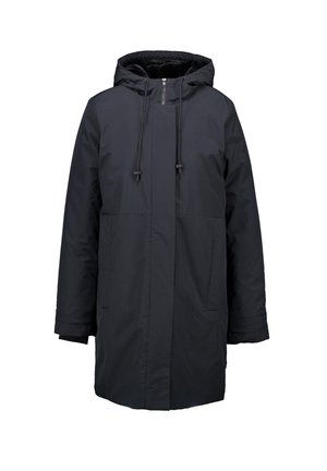 Zwarte, geïsoleerde parka met een capuchon, voorzien van een rits aan de voorkant, twee grote zakken en verstelbare koorden voor een veilige pasvorm.