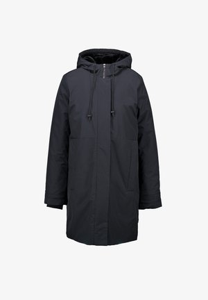 Schwarze, isolierte Parka mit Kapuze, ausgestattet mit einem Frontreißverschluss, zwei großen Taschen und verstellbaren Zugbändern für eine sichere Passform.