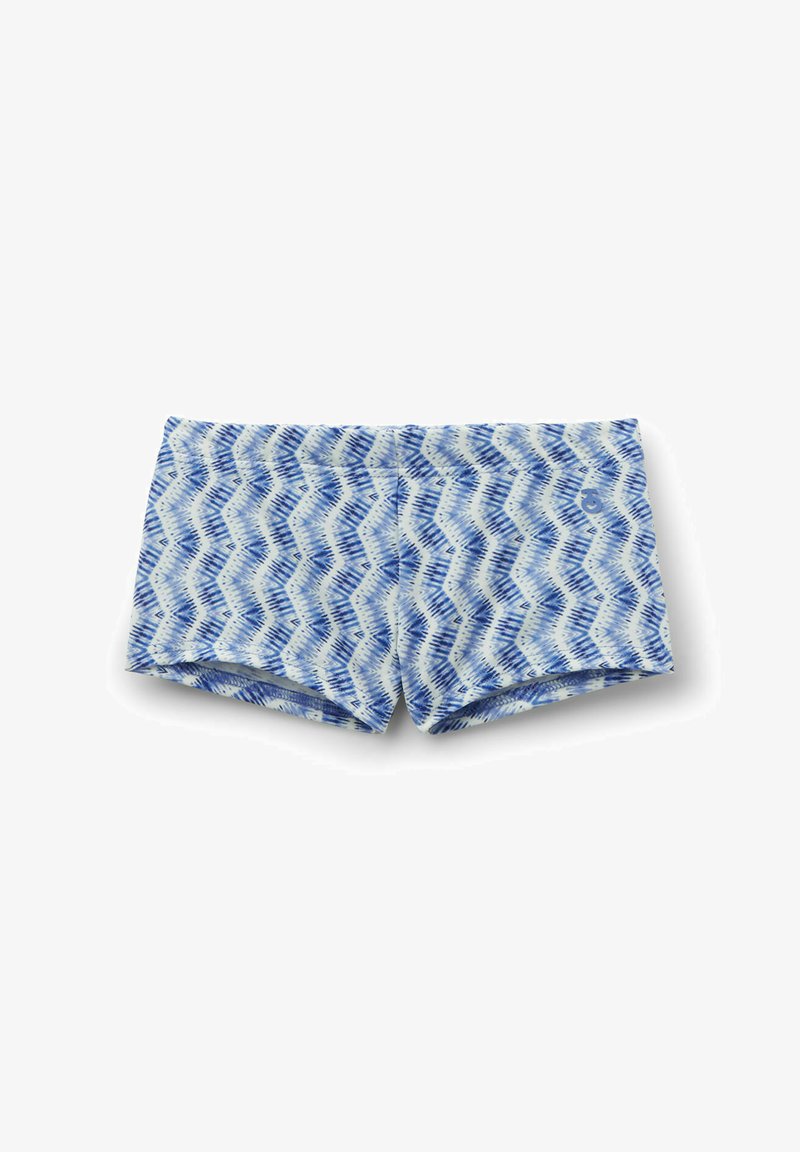 Shorts de bain bleu et blanc à motif zigzag avec une coupe ajustée, posés à plat sur un fond blanc.