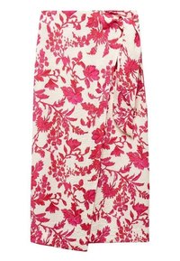 Gonna a portafoglio floreale in tessuto crema, con un motivo floreale rosa brillante, chiusura laterale con laccio e materiale leggero e strutturato.