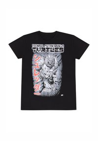 Svart bomull t-shirt med ett grafiskt tryck av en karaktär från Teenage Mutant Ninja Turtles, med fet vit och röd text samt detaljerade illustrationer.