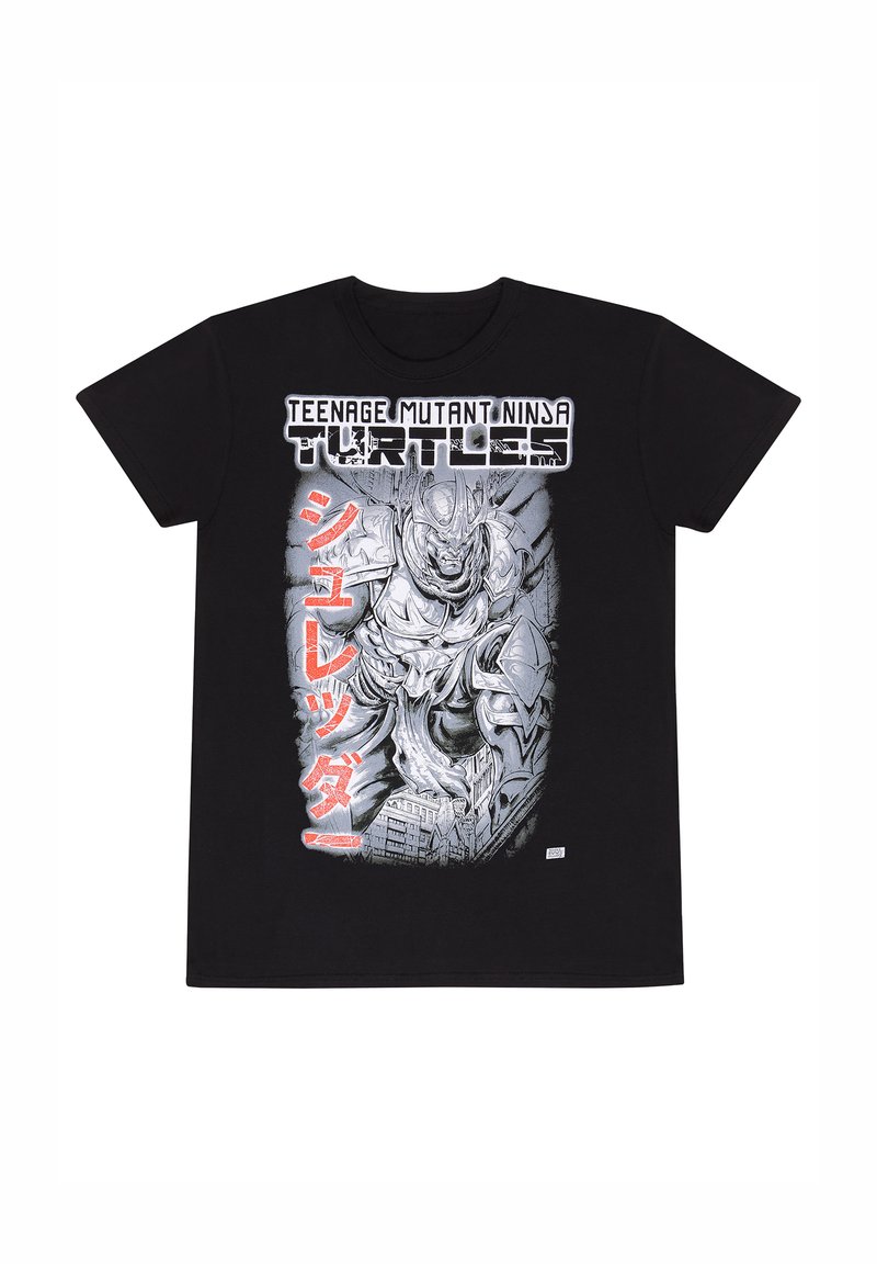 Svart bomull t-shirt med ett grafiskt tryck av en karaktär från Teenage Mutant Ninja Turtles, med fet vit och röd text samt detaljerade illustrationer.