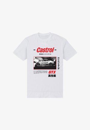 Witte T-shirt met een vintage Castrol GTX raceauto afbeelding en rode en zwarte Japanse en Engelse tekstbranding.