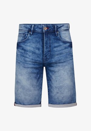 Siniset farkku polvipituiset shortsit, joissa on etutaskut, vyölenkit, napitus ja käännetyt lahkeet.