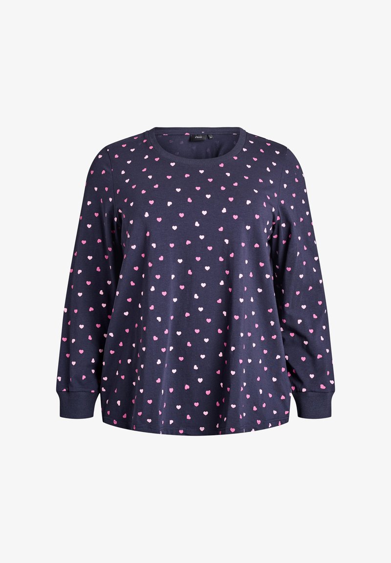 Granatowa bluzka z długim rękawem i okrągłym dekoltem, ozdobiona rozproszonym wzorem w różowe i białe serca. Miękki, casualowy materiał z prążkowanymi mankietami.